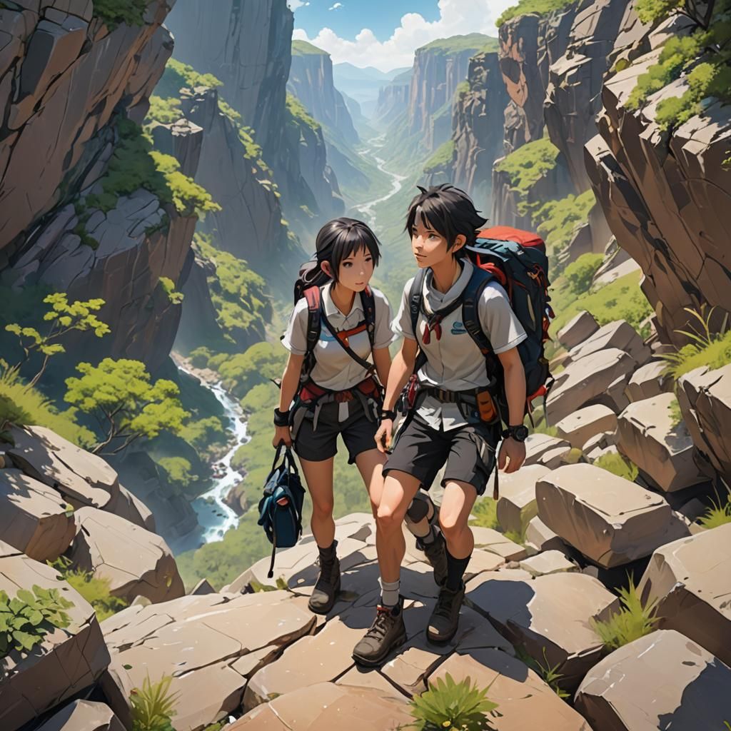 Hikers Climb Gorge in 3D Anime Adventure