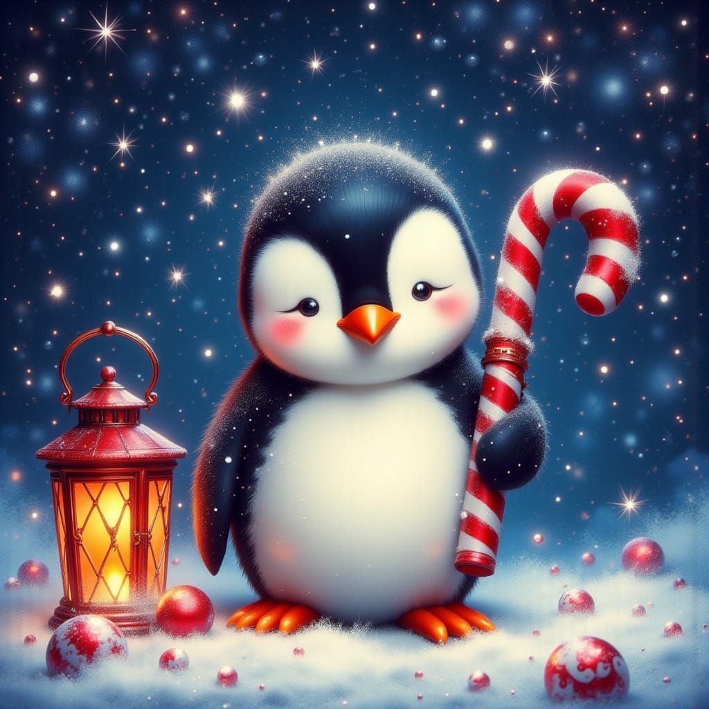 Round Baby Penguin With Candy Cane and Snowy Lantern