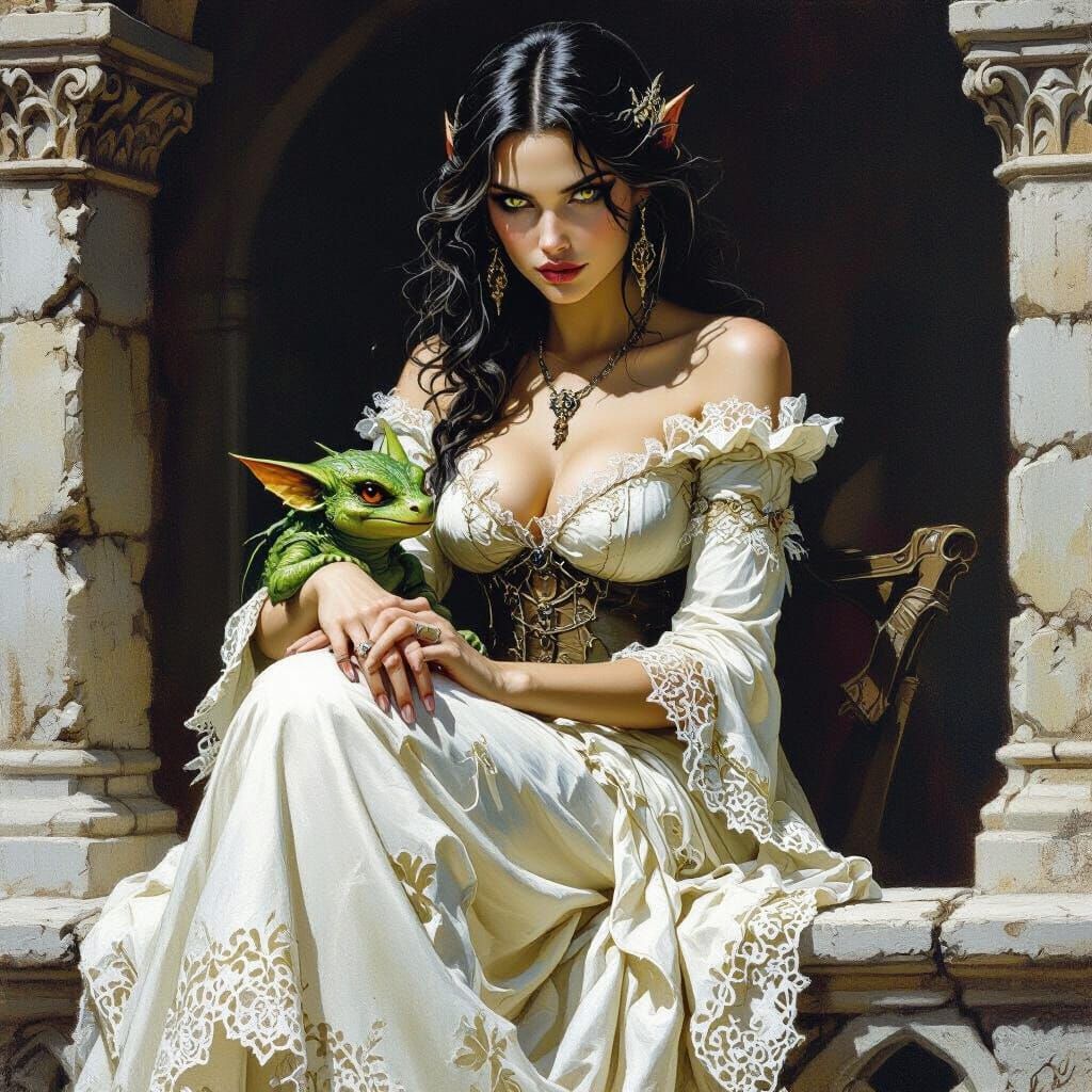 Close up; dungeons and dragons painting inspired by Jeff Easley: a sinister enchantress sits on a medieval balcony, crad...