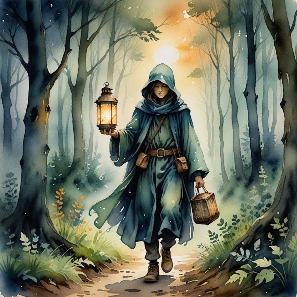 Mystical Traveler with Lantern in Misty Forest