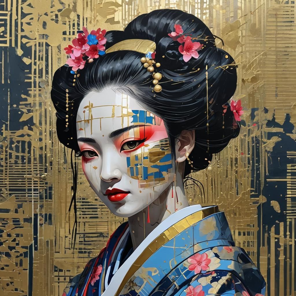 Geisha Girl Gold Glitch Art