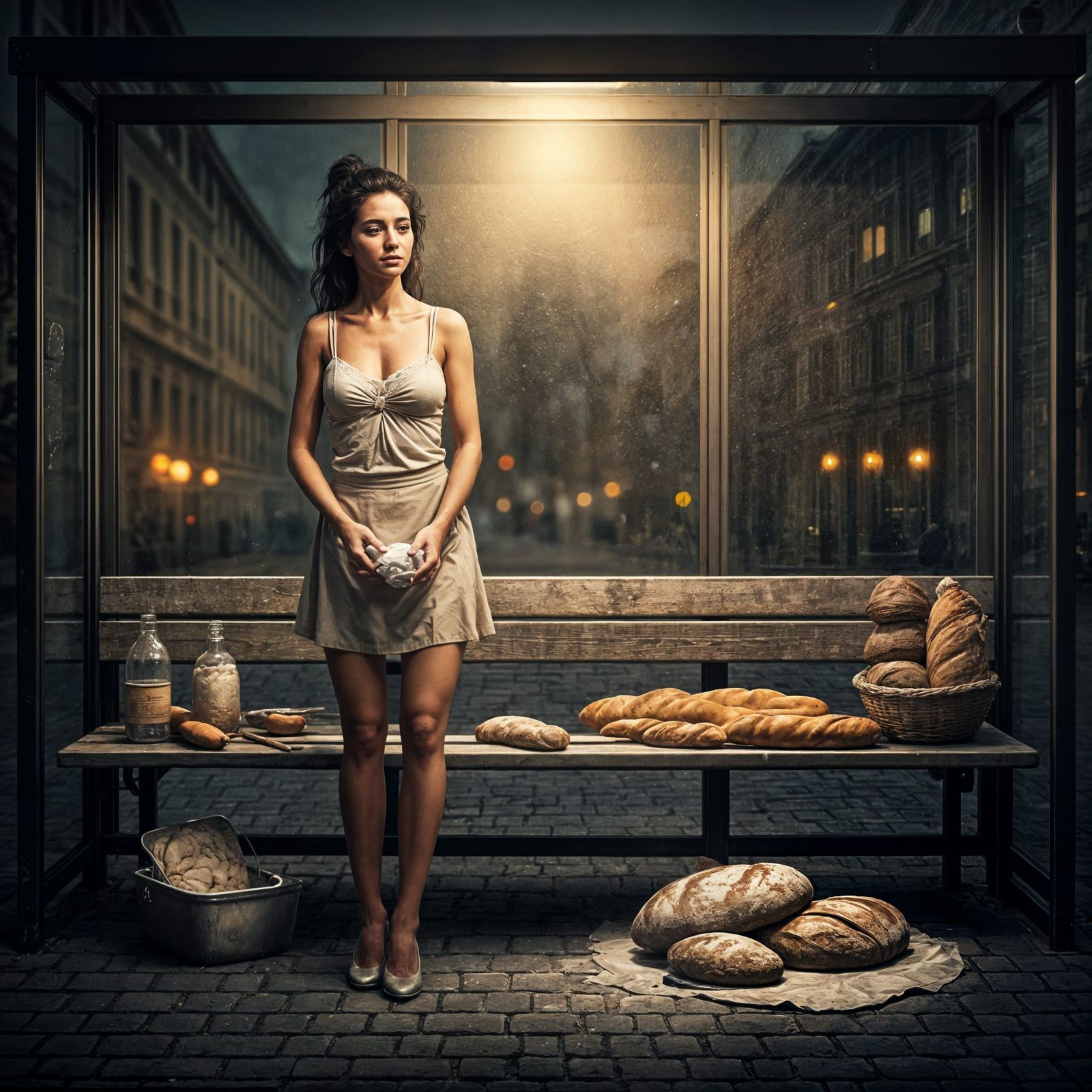 Surreal Woman Working with Dough at Bus Stop