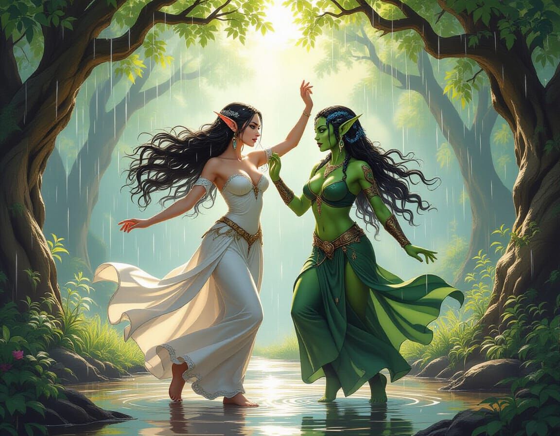 Renaissance Masterpiece: Elf and Orc Dancing in Sunlit Fores...