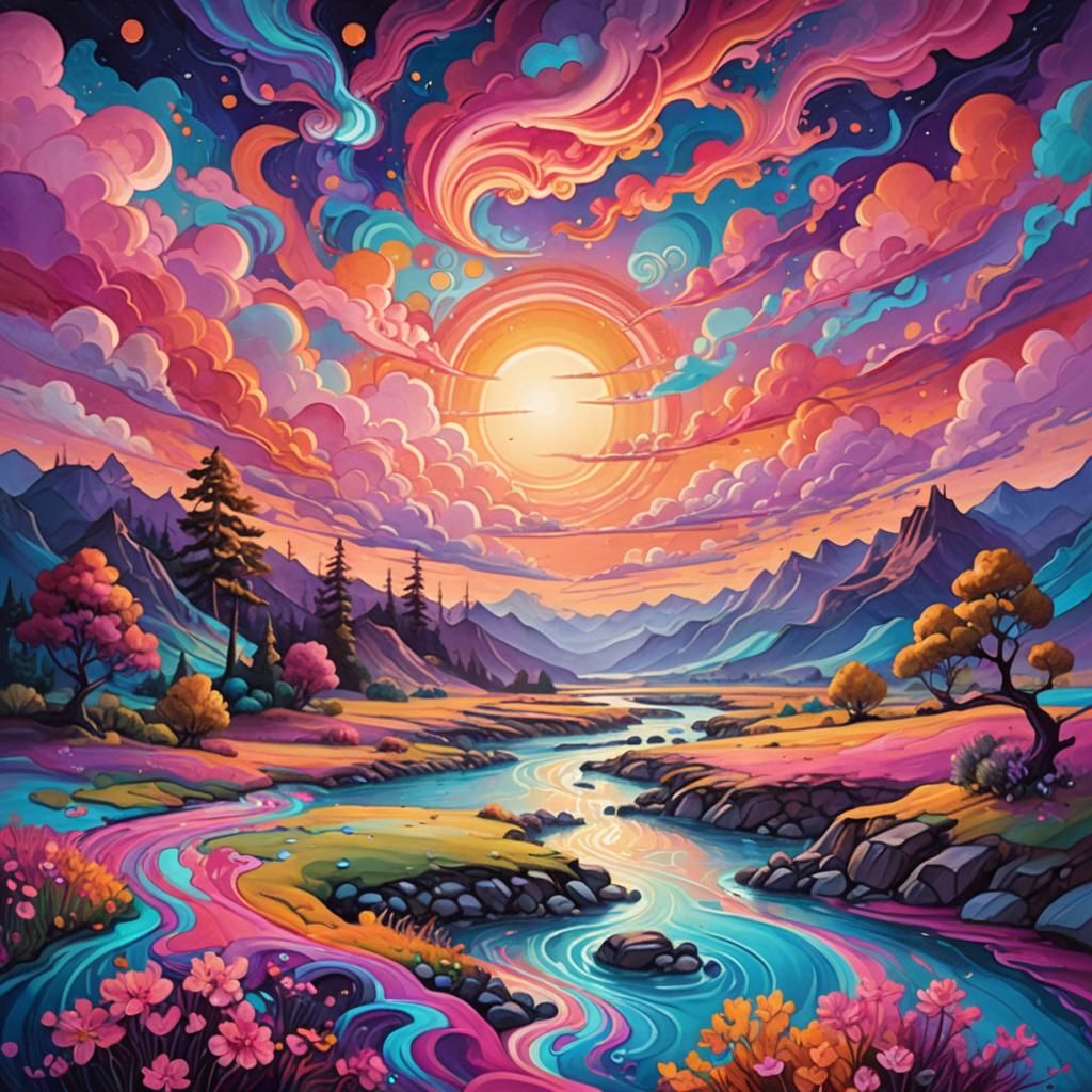 Psychedelic Sunset River Landscape in Surreal Style