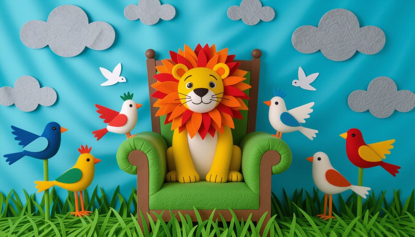 Felt Lion on Dandelion Throne in Whimsical Style