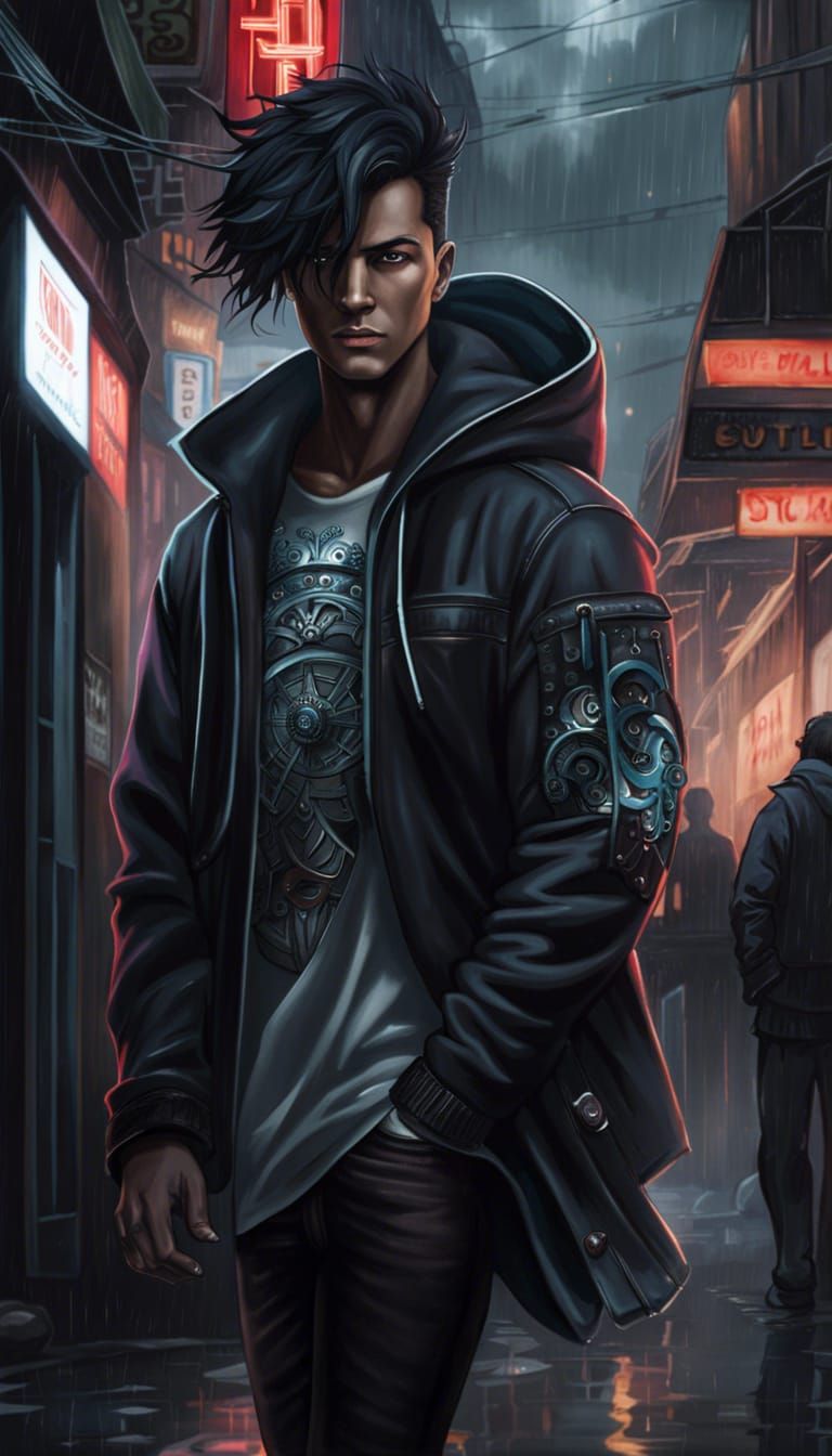 Emo Man in Rainy City: Anime-Inspired Realism