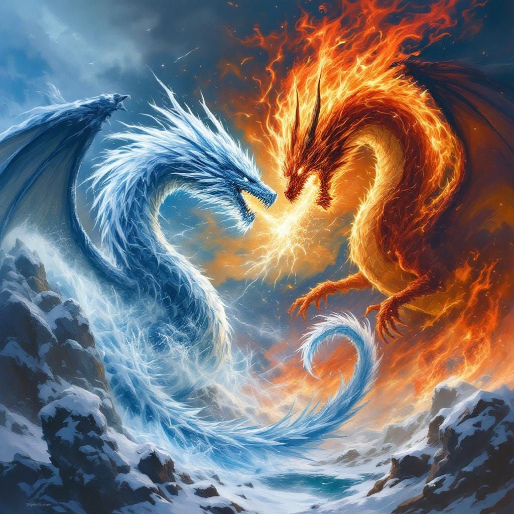 Ice Dragon vs Fire Dragon in Fantasy Art