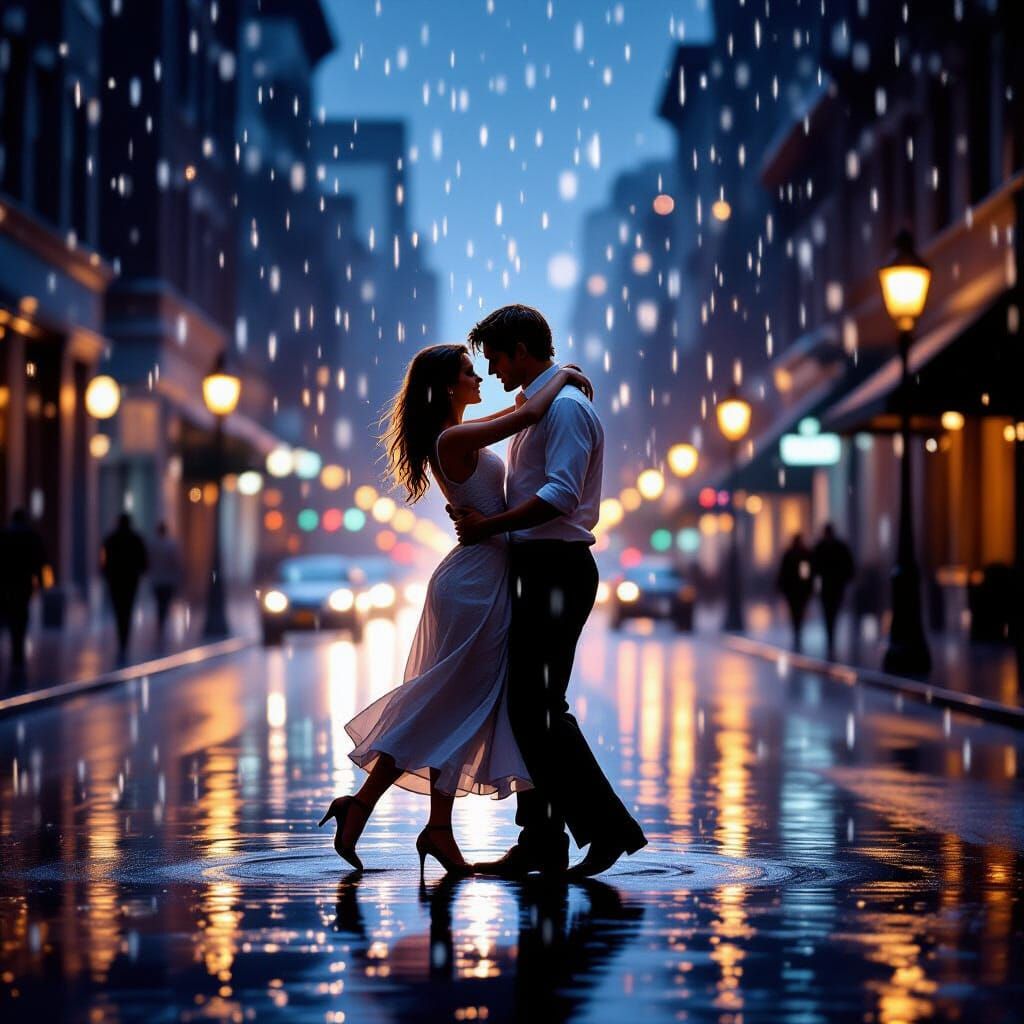 Couple Dancing in Rainy City Nightscape