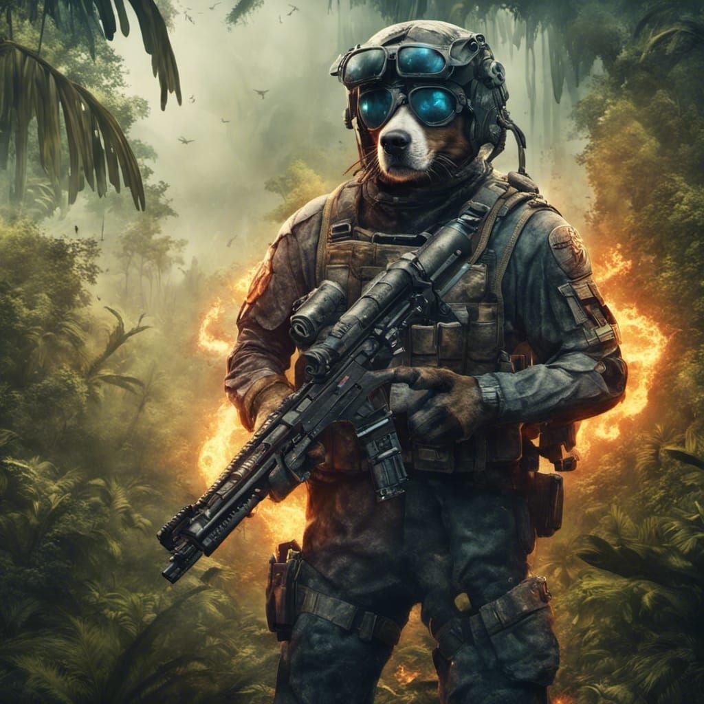 Sci-Fi High-Tech Dog Soldier in Jungle, 4K