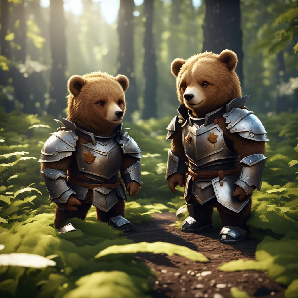 bear in armor out of leafs, unreal engine, 8k, cute,sweet
