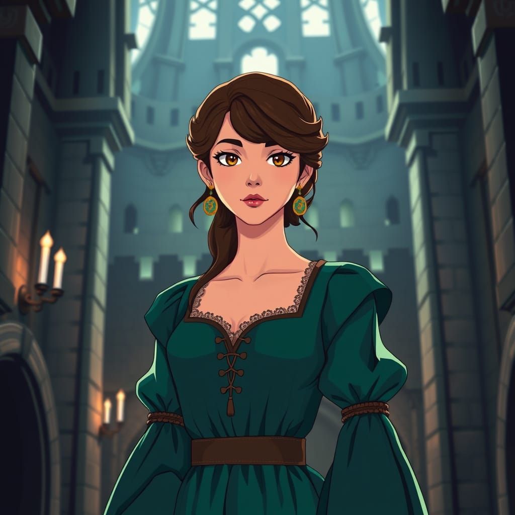 Brunette in Emerald Dress, Cel-Shaded Manga Style