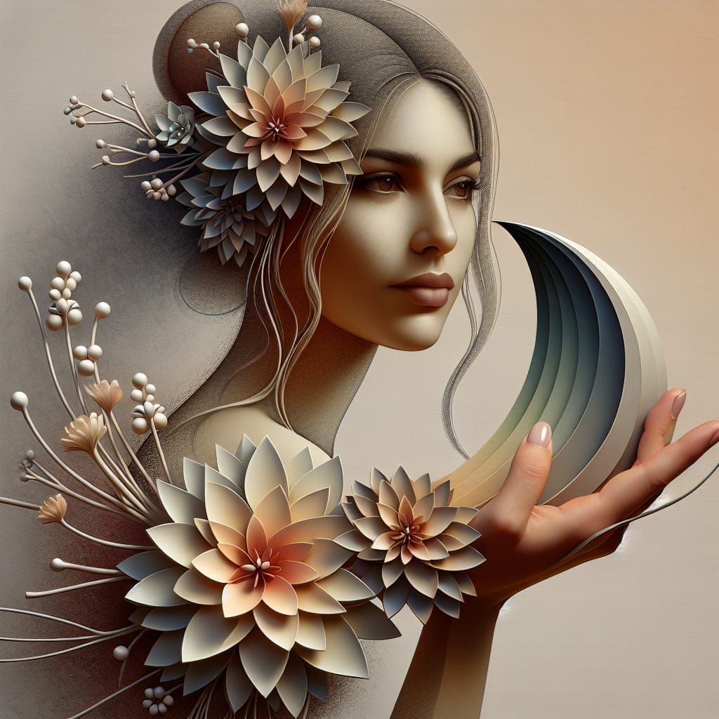 Hispanic Woman Holding Abstract Ikebana in 3D