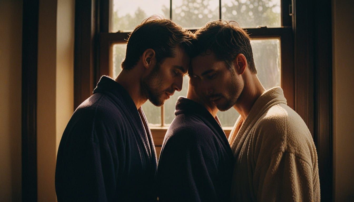 Two Handsome Men in Luxurious Bathrobes, Soft Romantic Light...