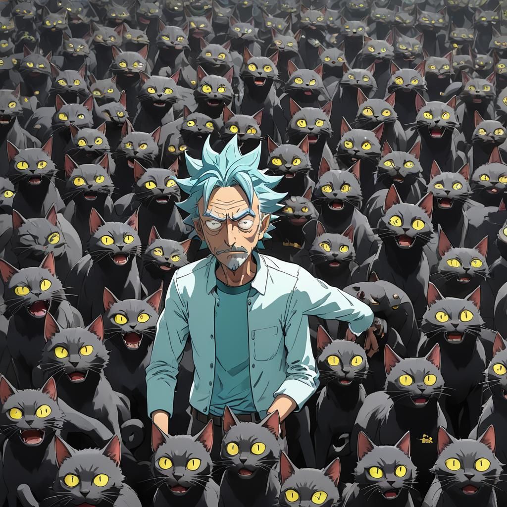 Rick Sanchez Surrounded by Black Cats in 3D Anime Art