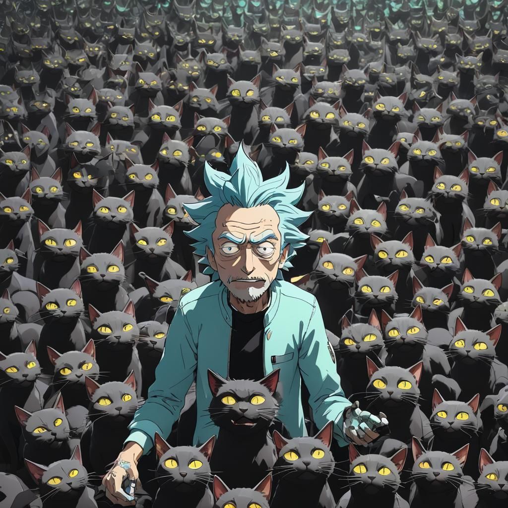 Rick Sanchez surrounded by Black Cats in Anime Style