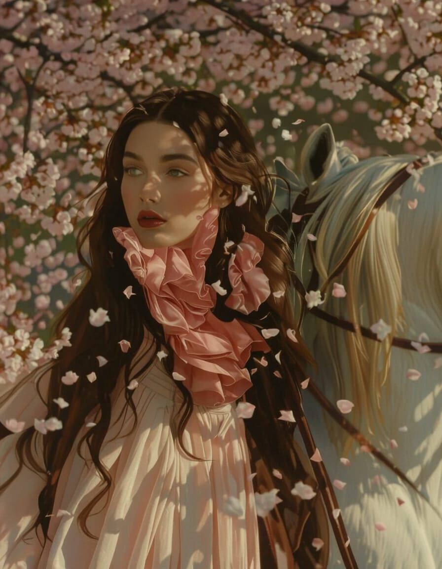 Woman on Horse Amidst Falling Cherry Blossoms