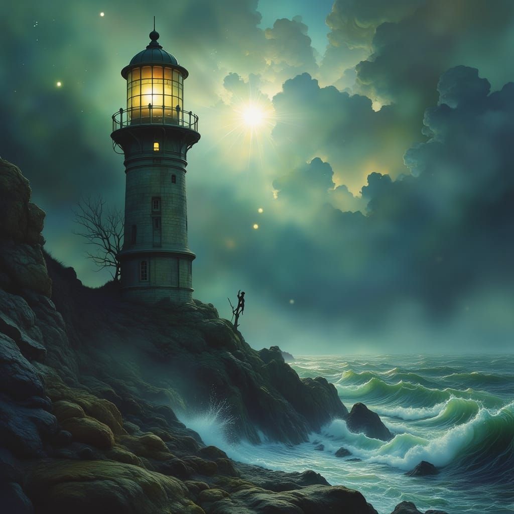 Haunted Lighthouse in Foggy Storm - Gothic Fantasy Concept A...