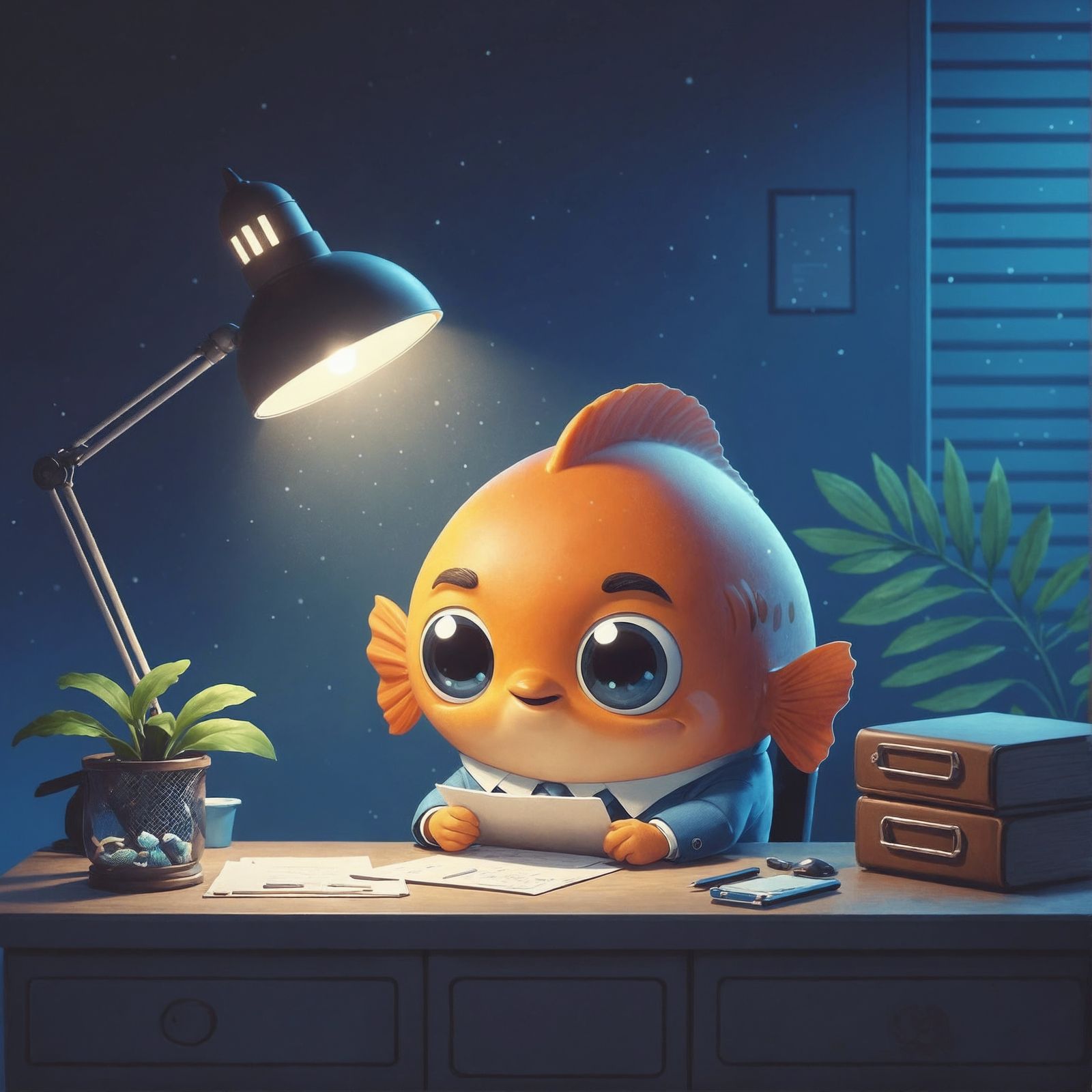 Cartoon Fish Detective in Dimly Lit Office
