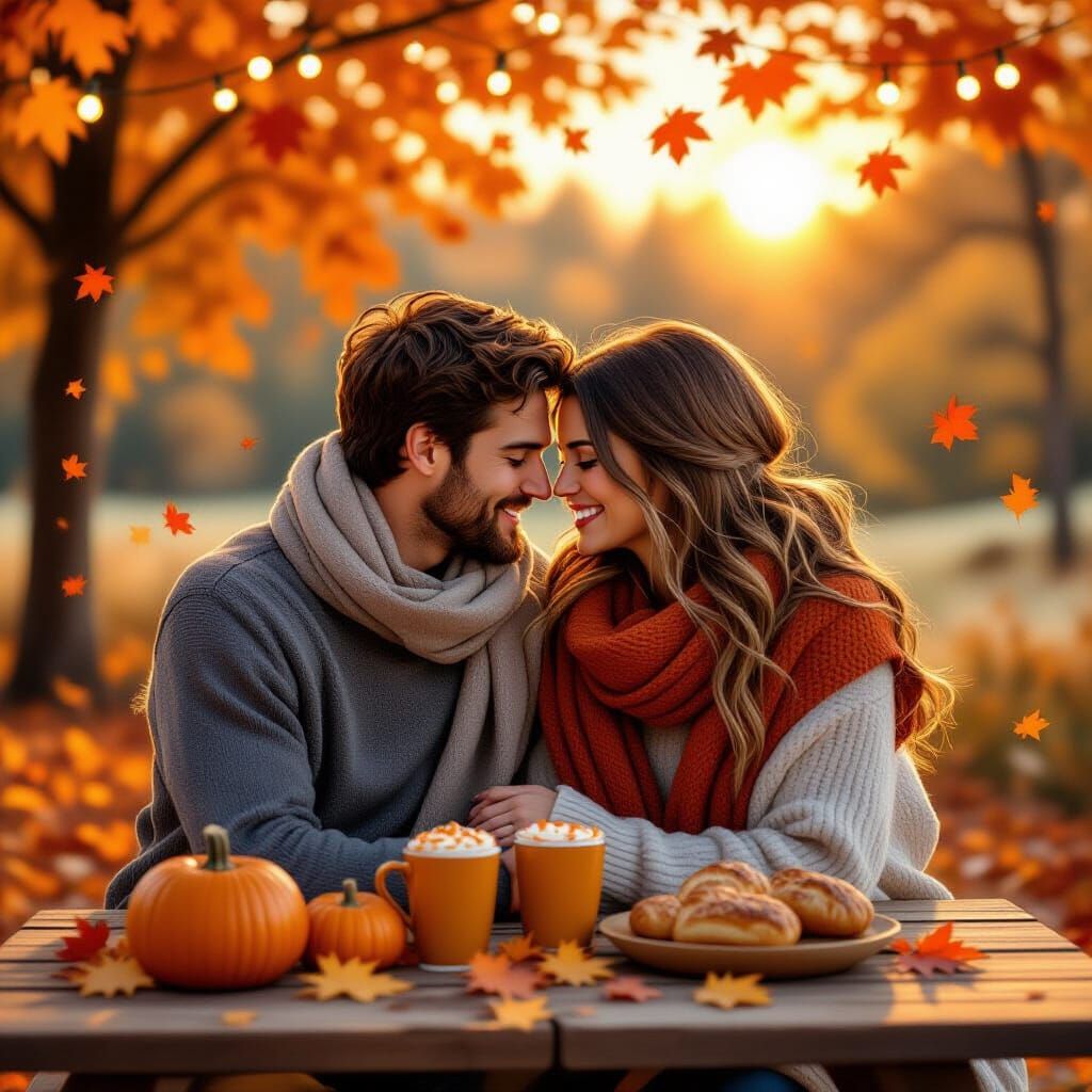 Romantic Autumn Scene with Couple and Golden Sunset