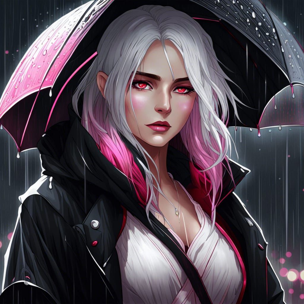 Anime Woman with White Hair and Red Eyes
