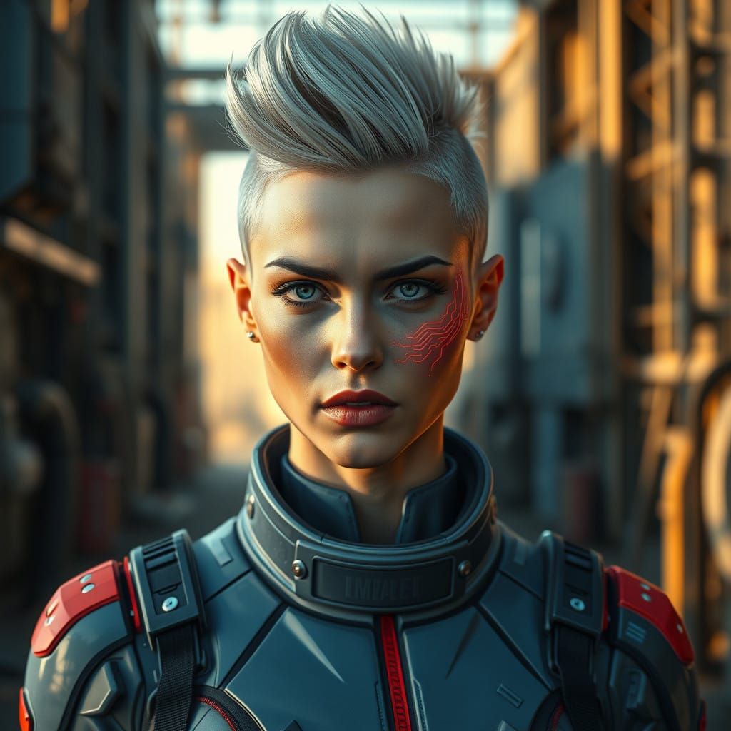 Cyberpunk Woman in High-Tech Sci-Fi Uniform with Neon Circui...