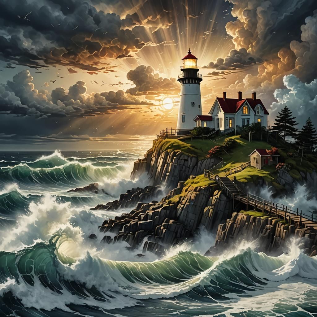 Double exposure :: light house with intricate windows also w...