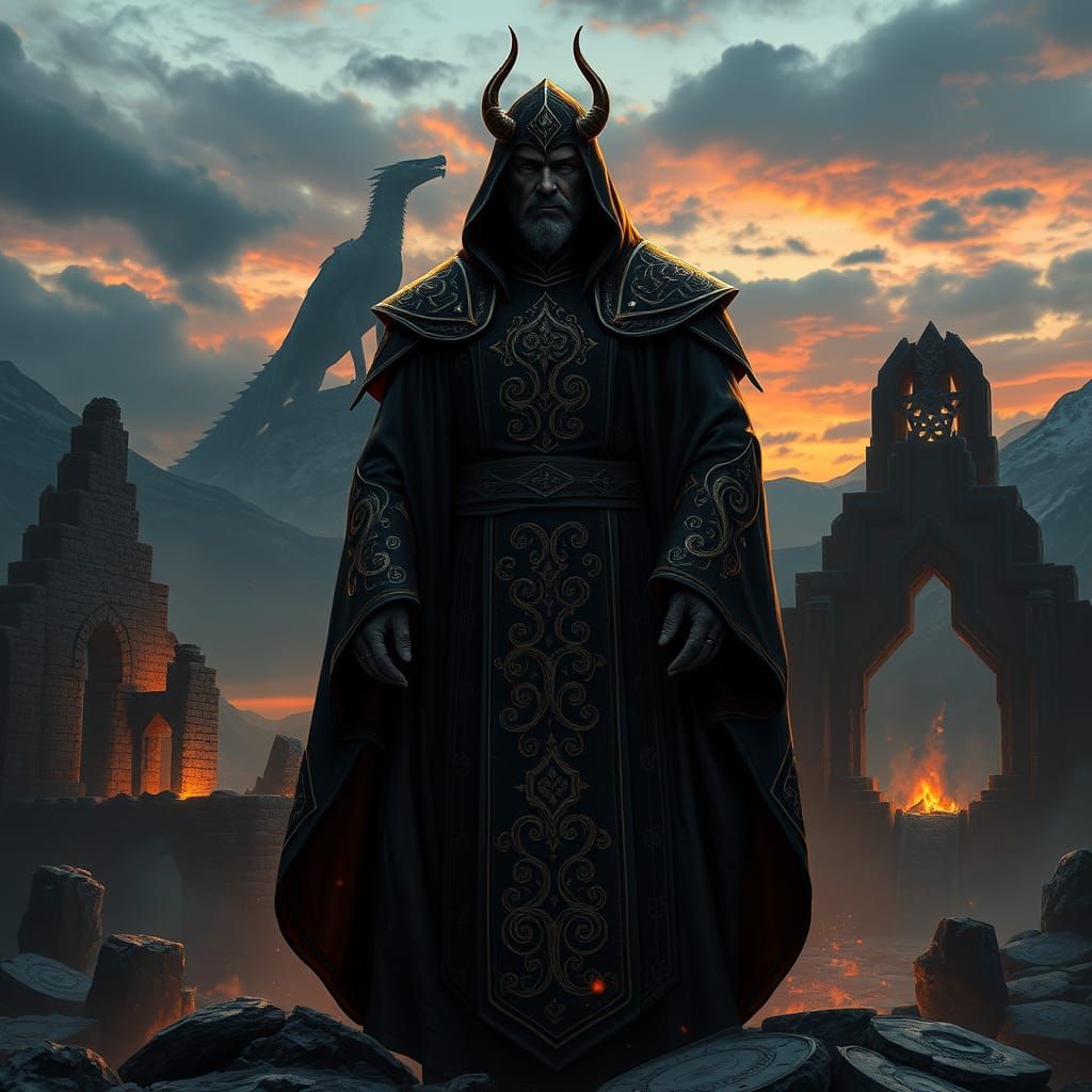 Dragon Priest in Nordic Ruin, Dark Fantasy Art
