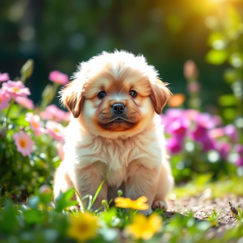 Adorable Chubby Puppy in Sun-Drenched Garden