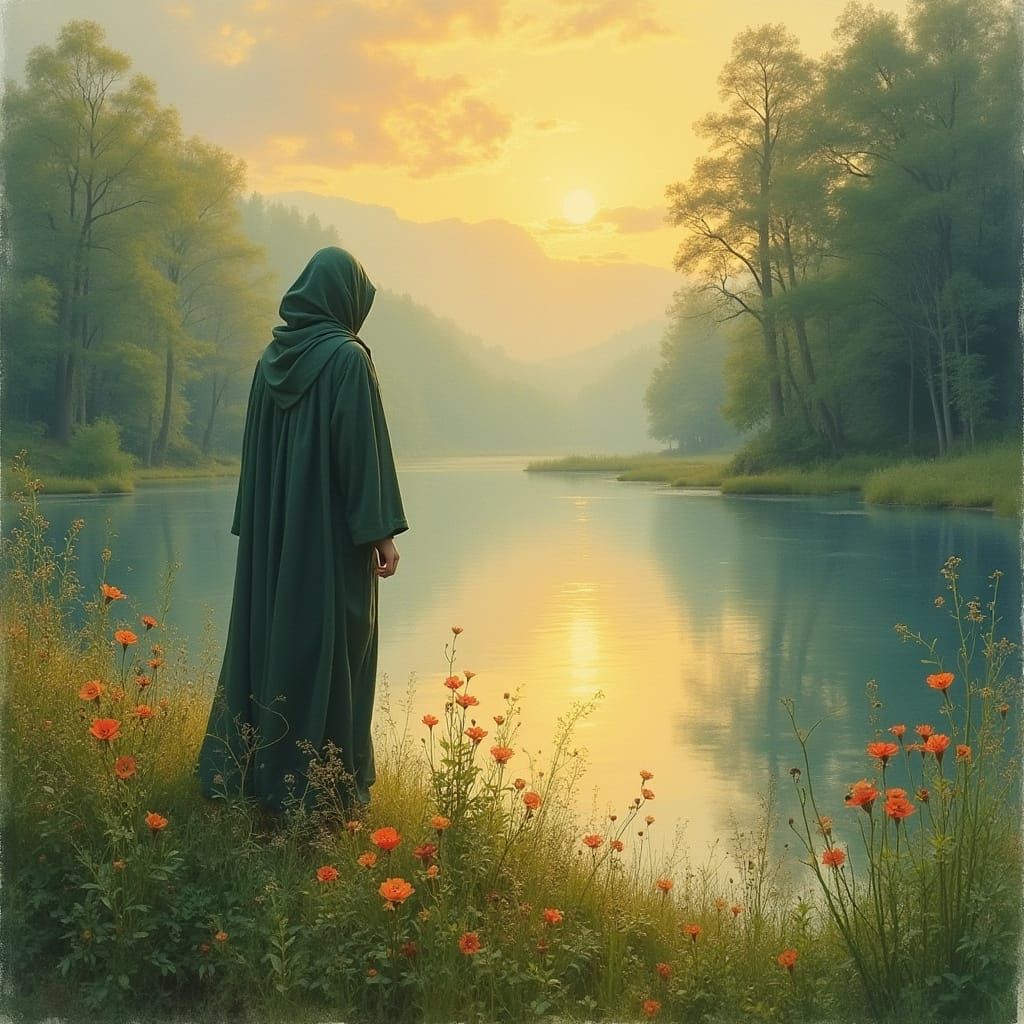 Mysterious Figure Amidst Lush Watercolor Landscape