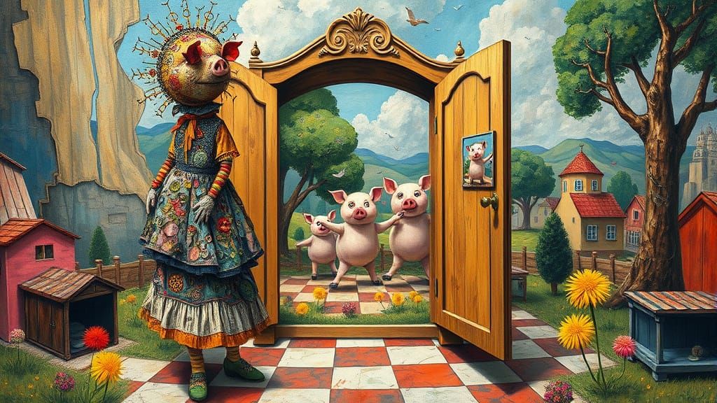 Whimsical Puppet Figure Before Wardrobe in Hundertwasser Sty...