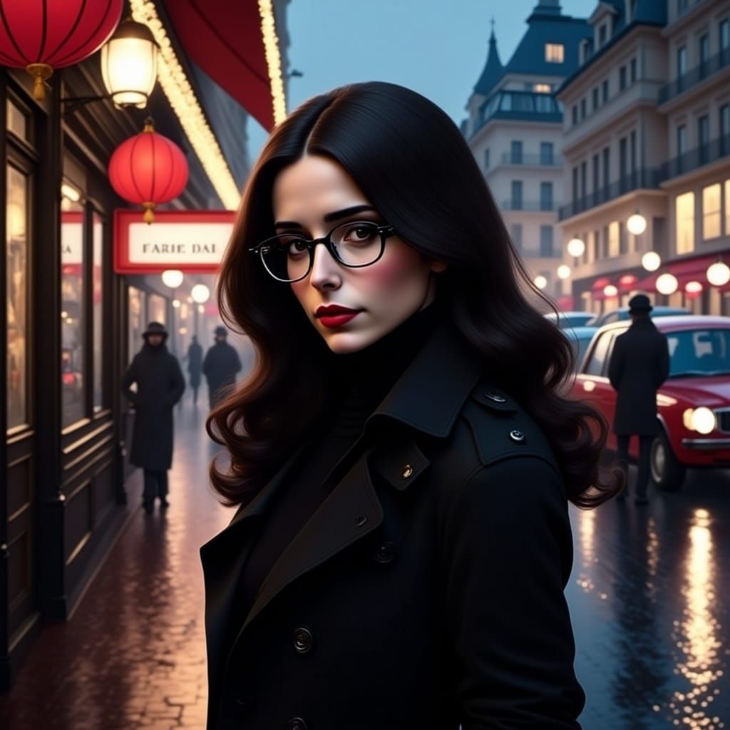 Elegant Jewish Woman Illuminated by Rainy City Nights