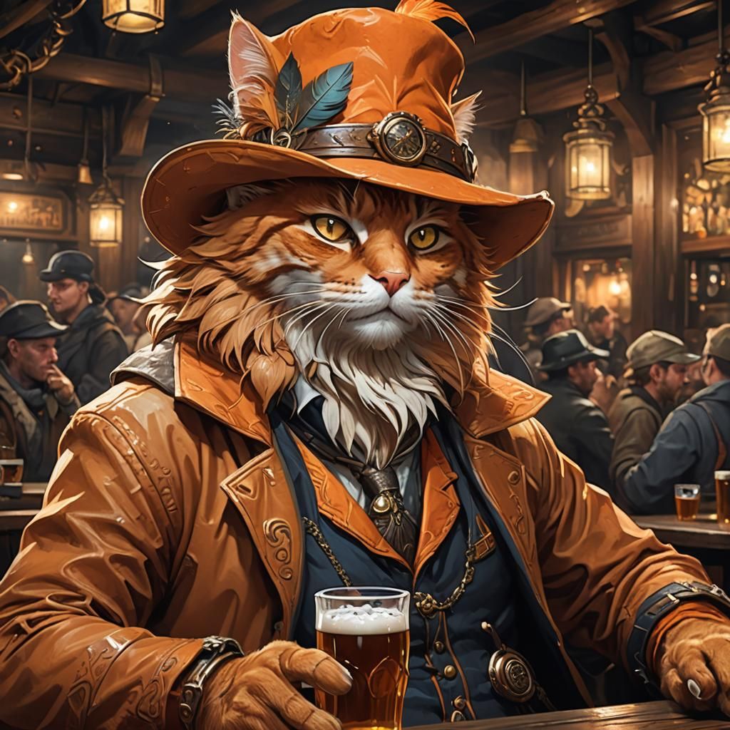 Cat-like Person in Tavern, Digital Art Portrait