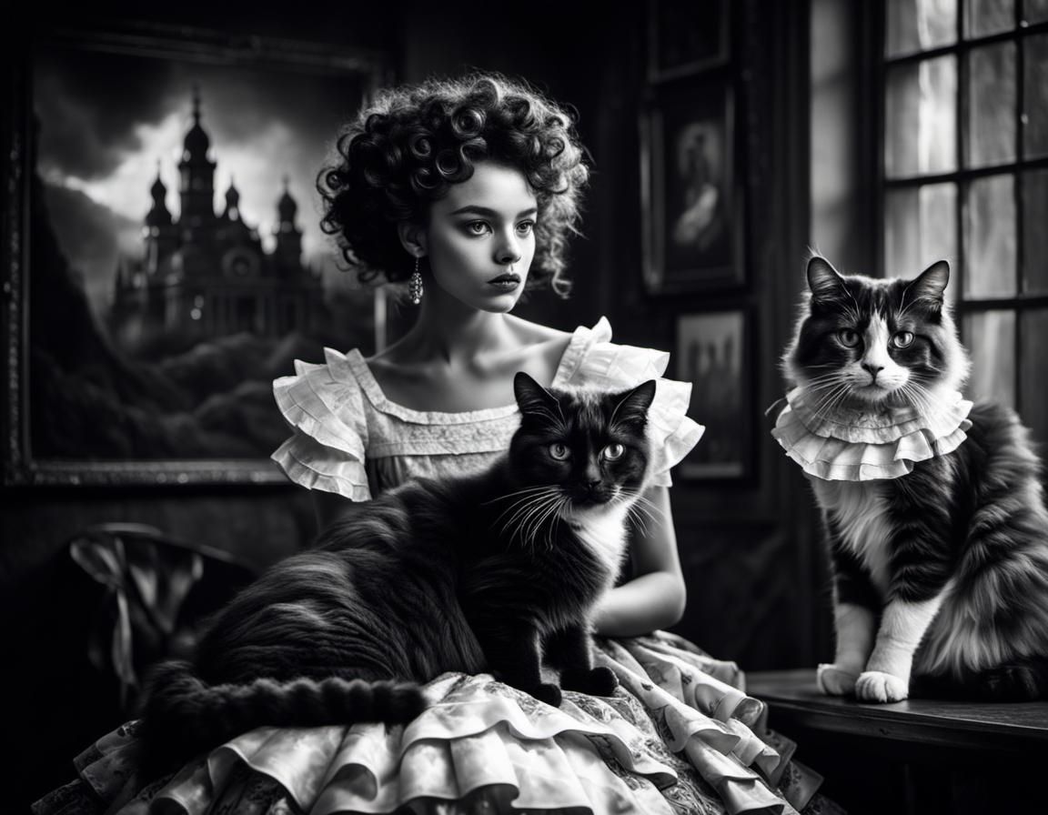 Girl with Cat: Black and White Photo