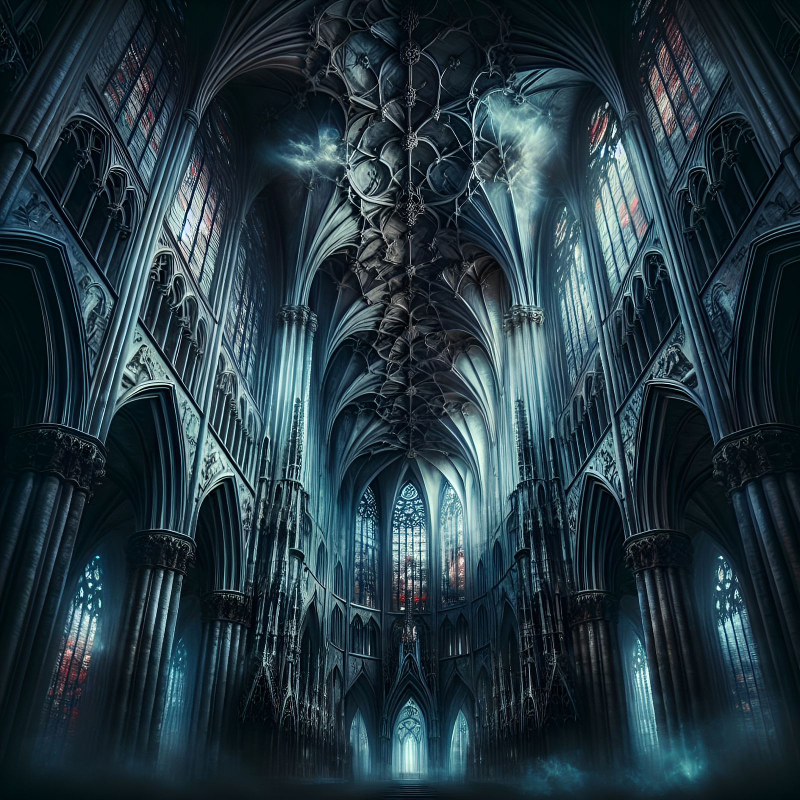 Gothic church, grand cathedral, intricate stained-glass wind...