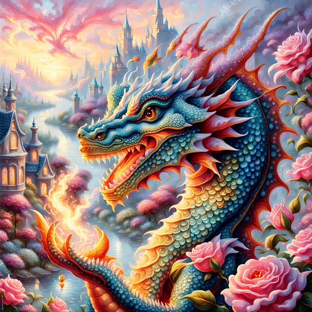 Tiny Dragon Burps Fire in Rosy Garden