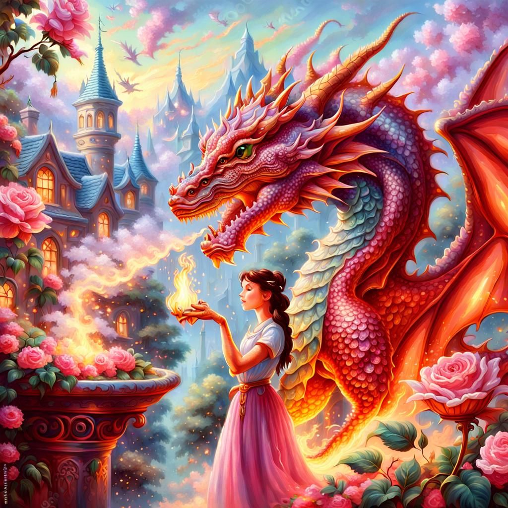 Tiny Dragon Burps Fire in Rosy Garden