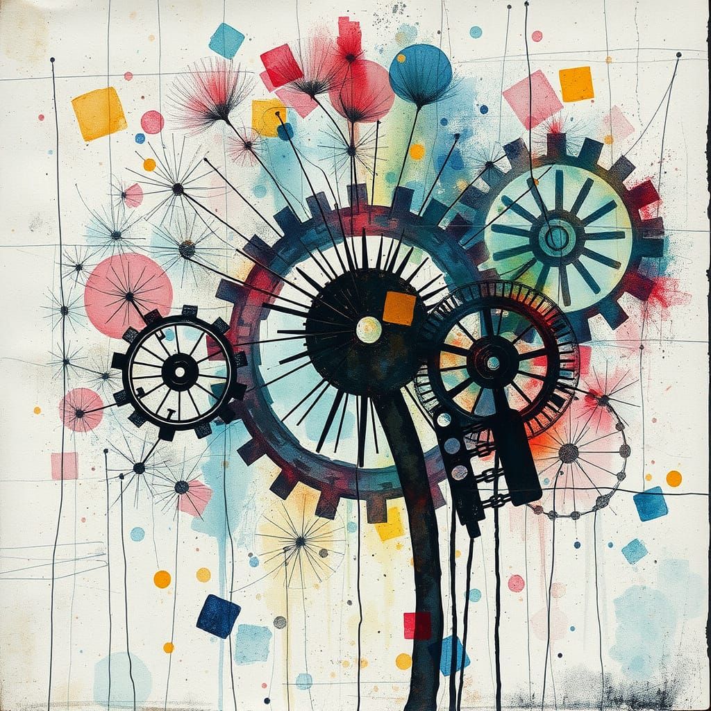 Dandelion Gears in Surreal Watercolor Style