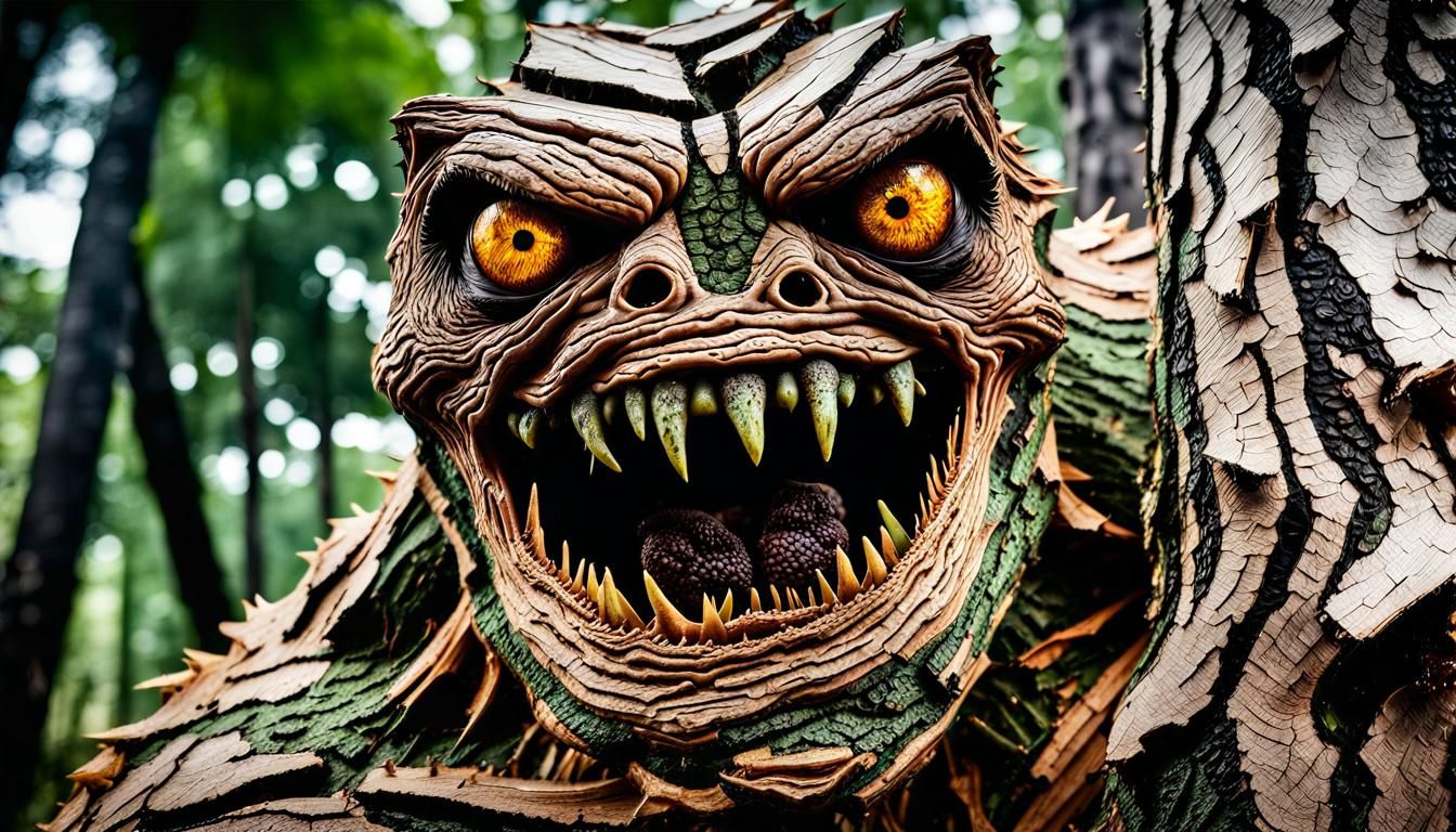 Hyperrealistic Tree Monster Portrait in Golden Forest