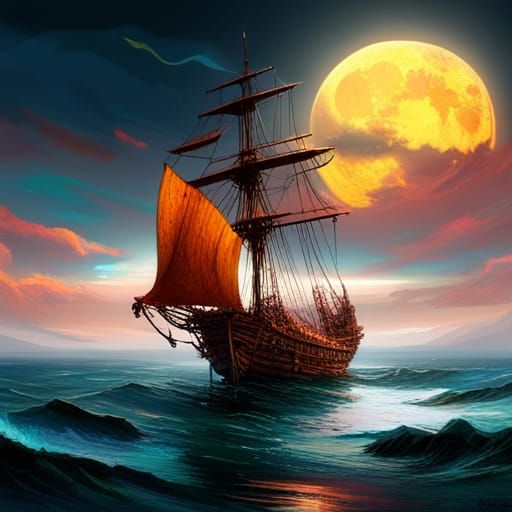 Pirate Ship Under a Luminous Moon