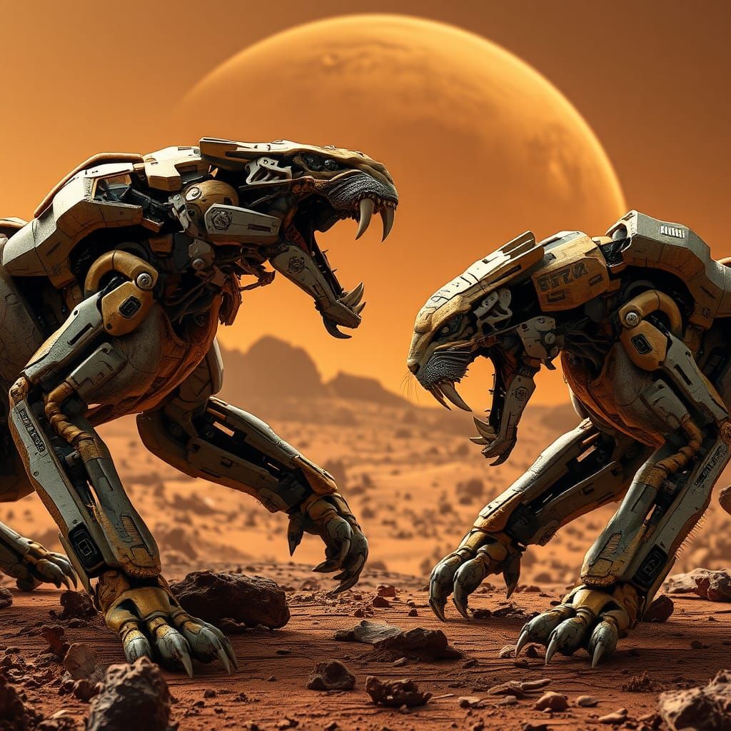 Mecha Sabertooth Tigers Clash on Mars