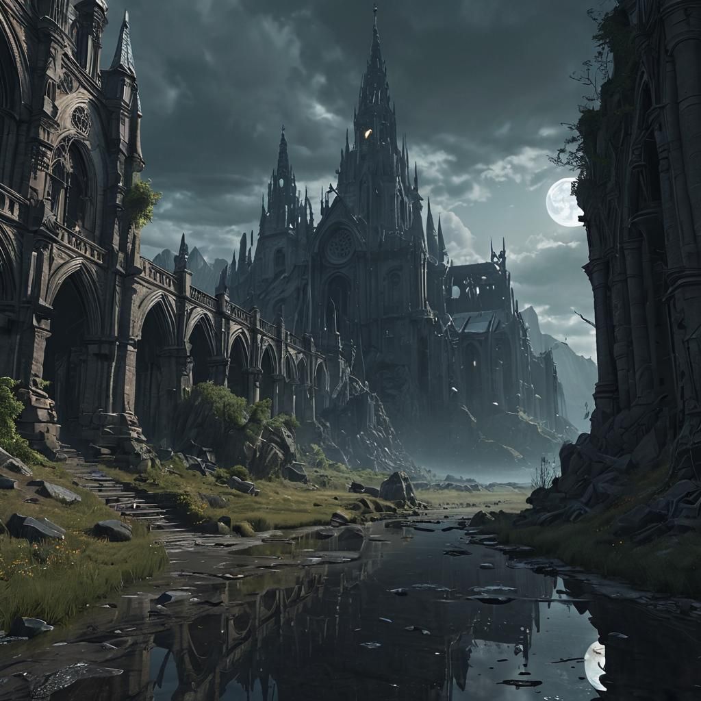Ancient Cathedral Under Moonlight: Fantasy Matte Painting