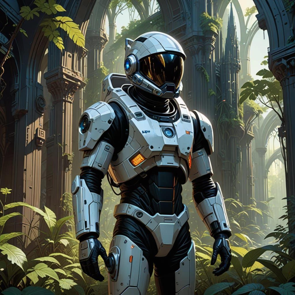 Astronaut on Bioluminescent Cathedral in Sci-Fi Style