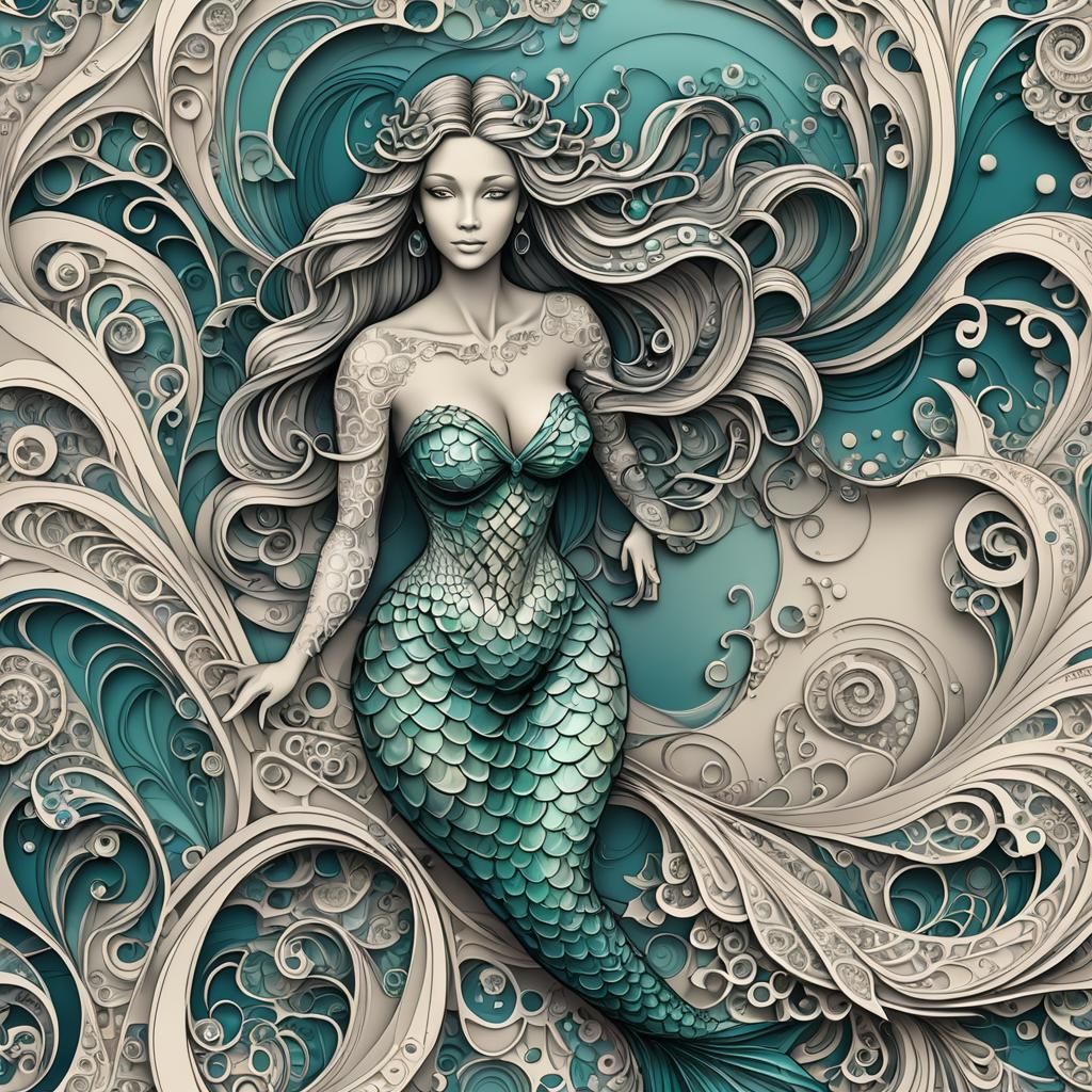 Abstract Fractal Mermaid with Zentangle Details