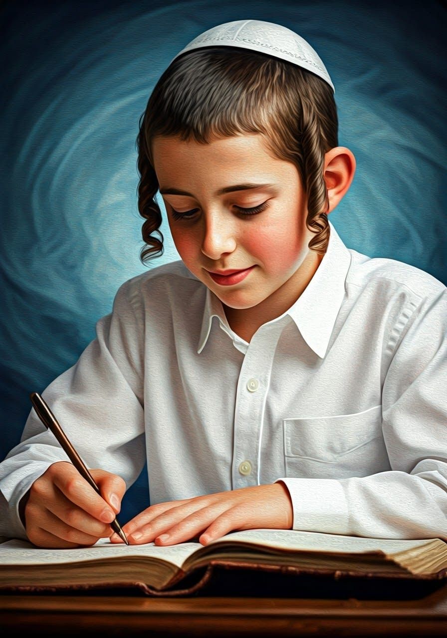 Contemplative Orthodox Boy Writes, Hyperrealistic Impasto St...