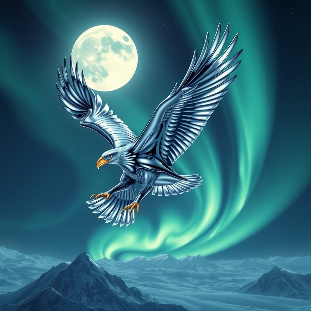 Chrome Eagle Soaring Under Arctic Aurora