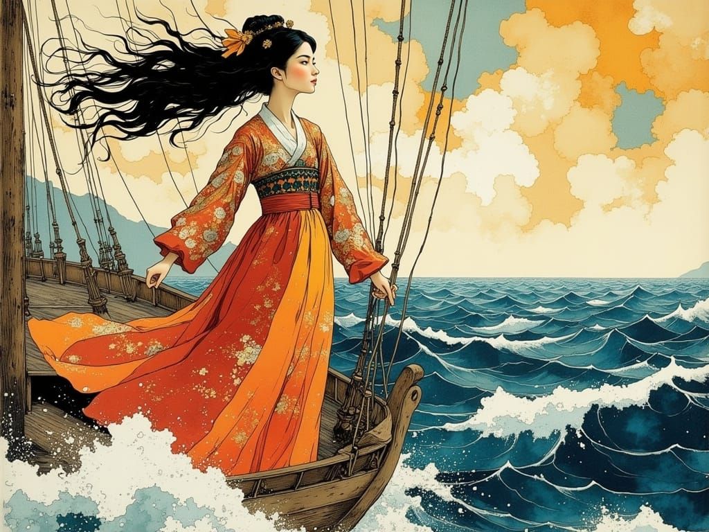 Majestic Sailing Ship on Turbulent Sea in Vibrant Hanbok Sty...