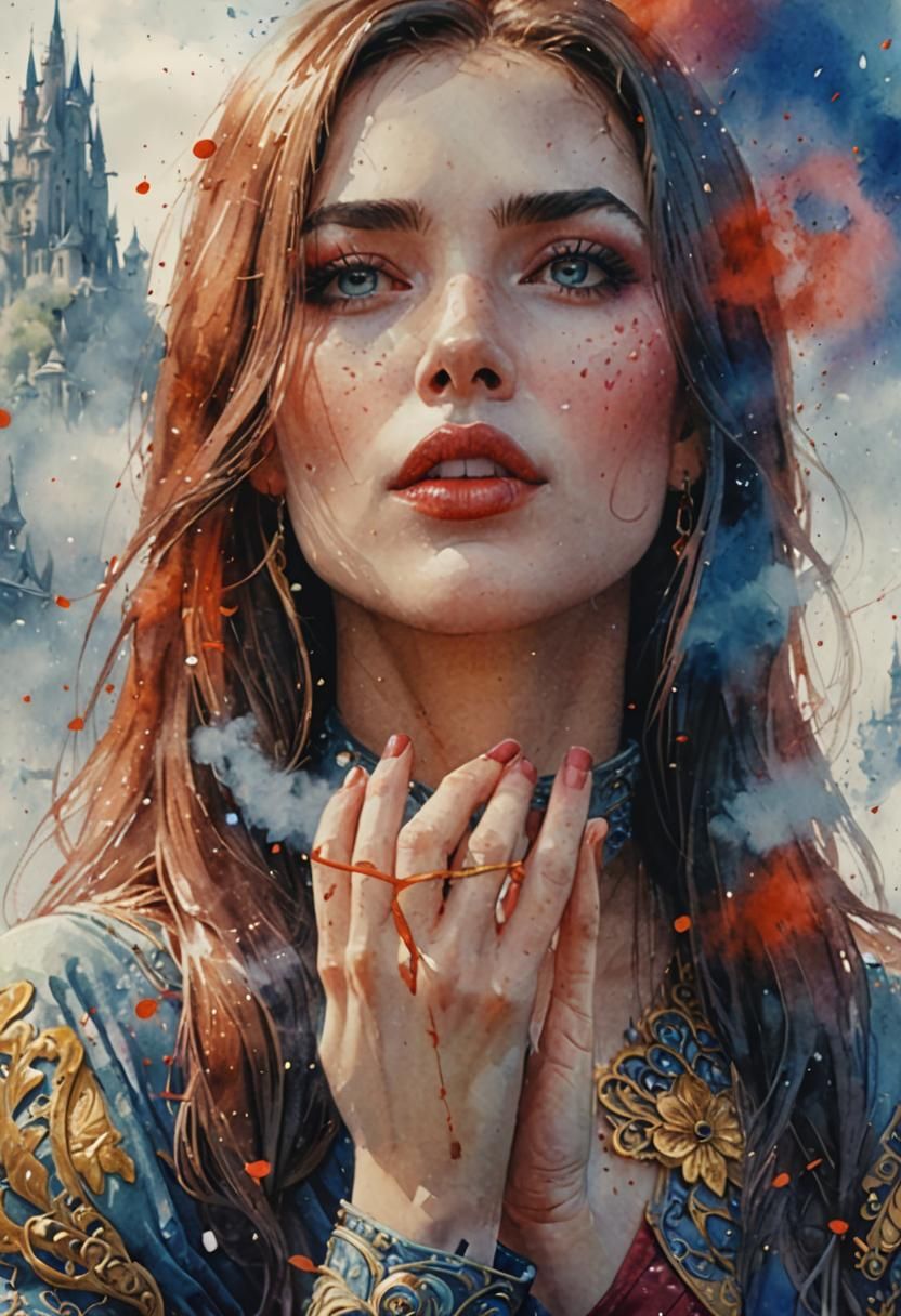 Watercolor Portrait of a Beautiful Woman Sending Kiss