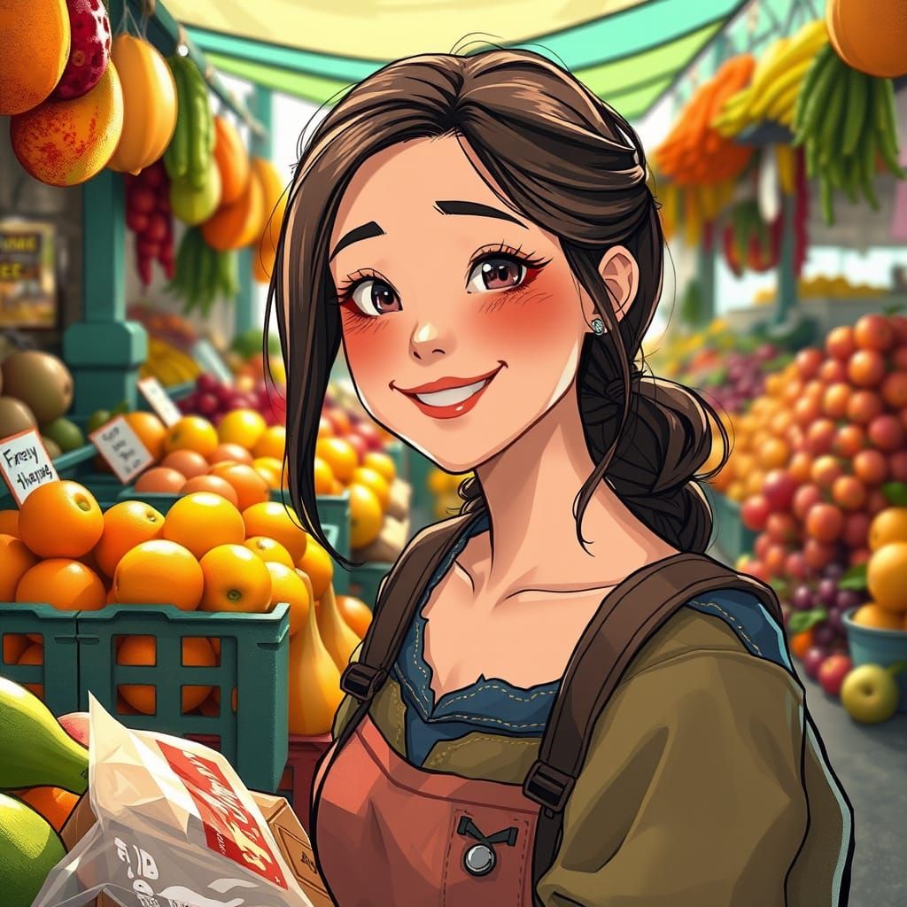 DreamWorks-Style Woman Chooses Fruit at Market