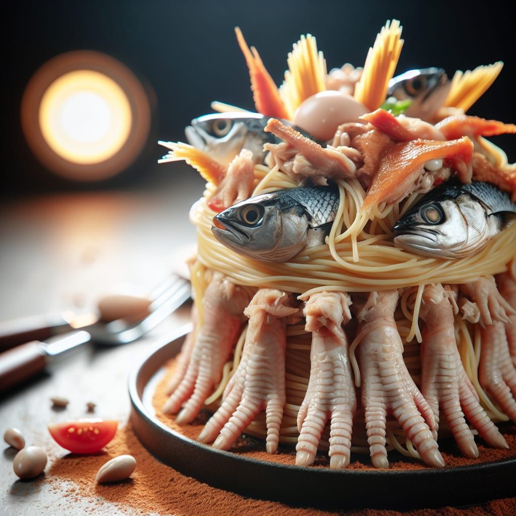 Unique Fusion Dish: Salad Cake with Spaghetti and Seafood