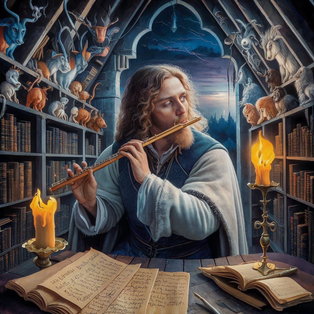 Medieval Bard's Surreal Chamber: A Watercolor Painting